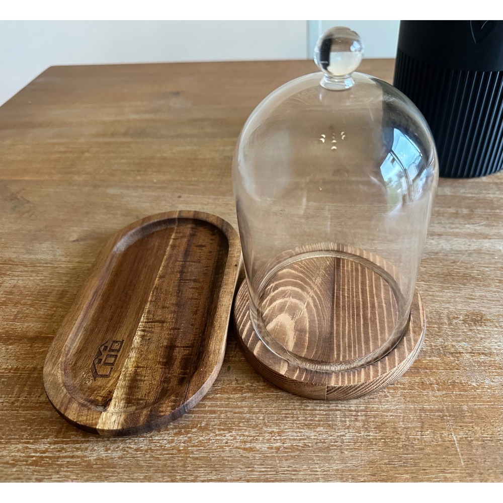 LOQ Glass Cloche Dome with Round Wood Base and Oval Wooden Display Tray Set